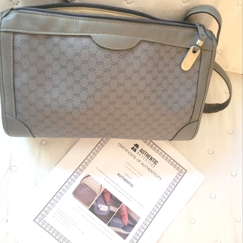 Vintage Gucci Micro GG Crossbody Shoulder Bag Grey Coated Canvas Leather
